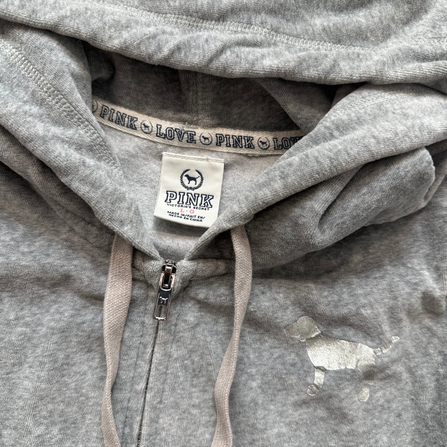 Victoria's Secret PINK Women's Gray Velour Full Zip Hoodie Drawstring Y2k Size L