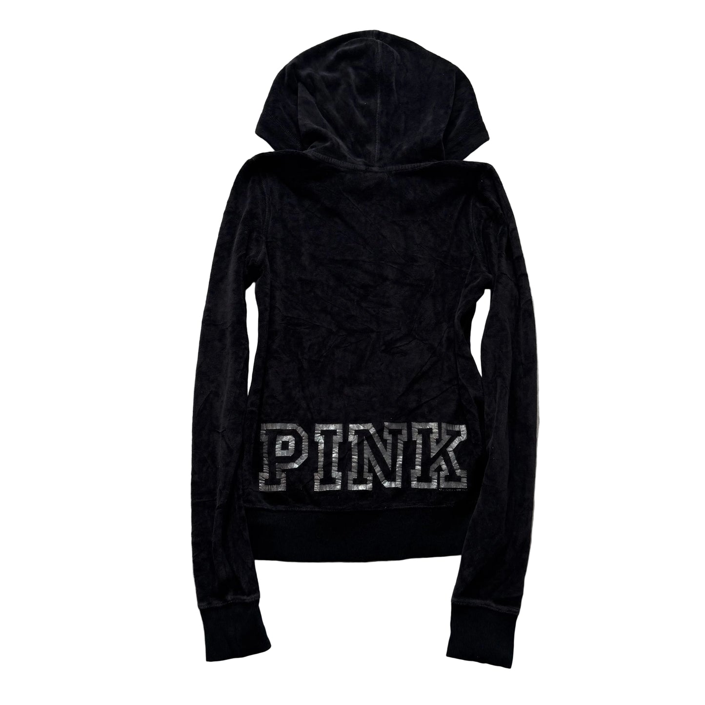 Victoria's Secret PINK Women's Black Velour Hoodie Silver Sequin Logo Size XS