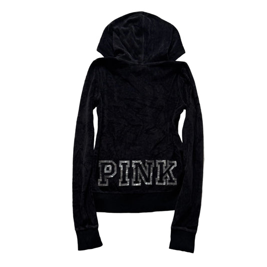 Victoria's Secret PINK Women's Black Velour Hoodie Silver Sequin Logo Size XS