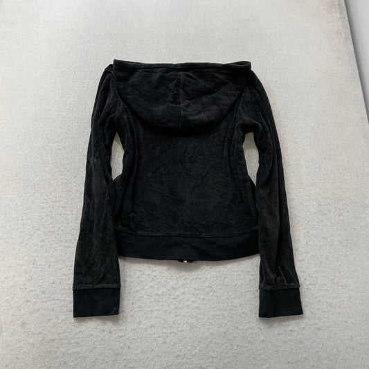 Vintage Juicy Couture Women Black Velour Zip-Up Hoodie Drawstring Pockets Size S