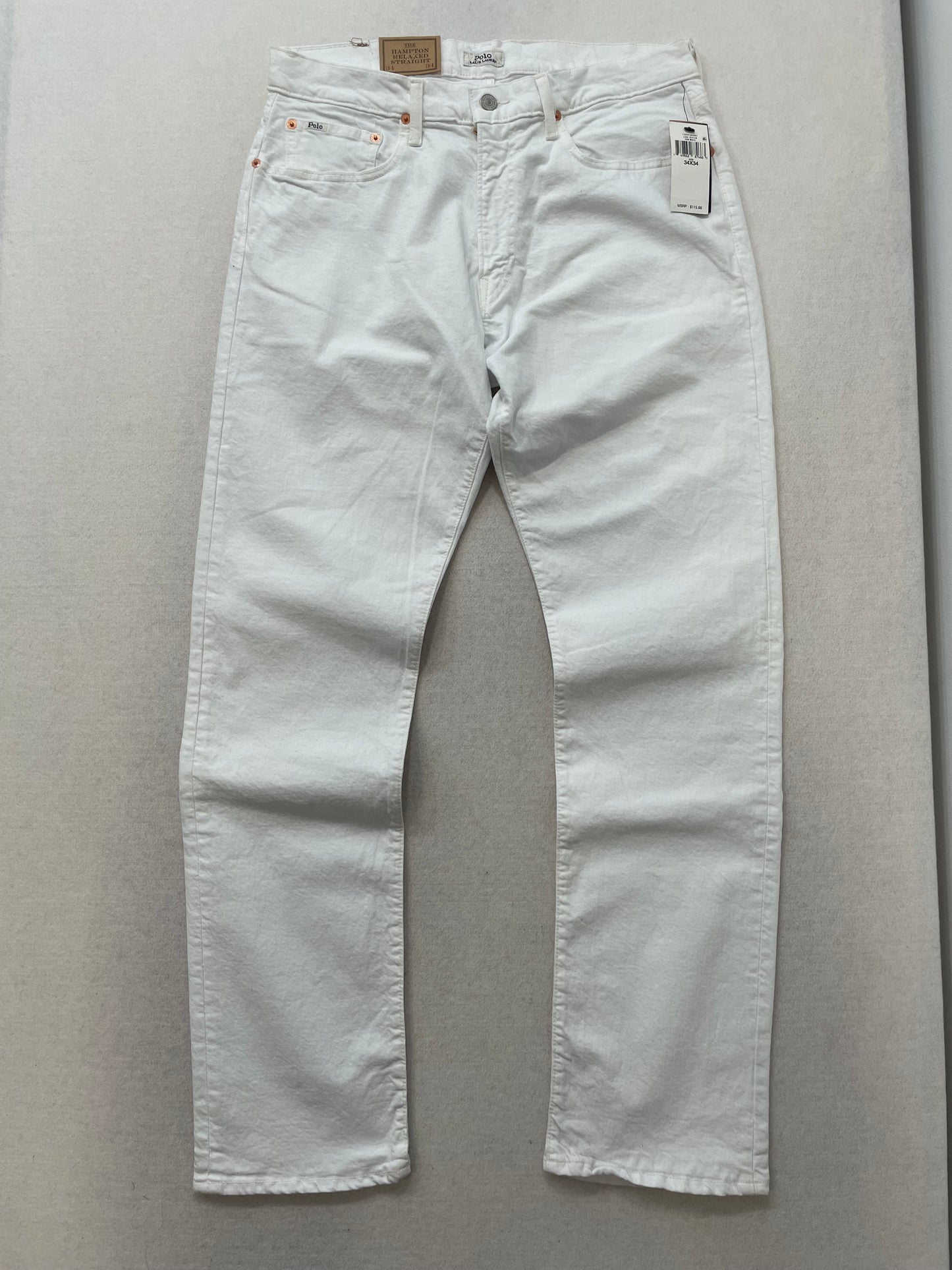 Polo Ralph Lauren Hampton Relaxed Straight White Denim Jeans Back Logo Size 34x34