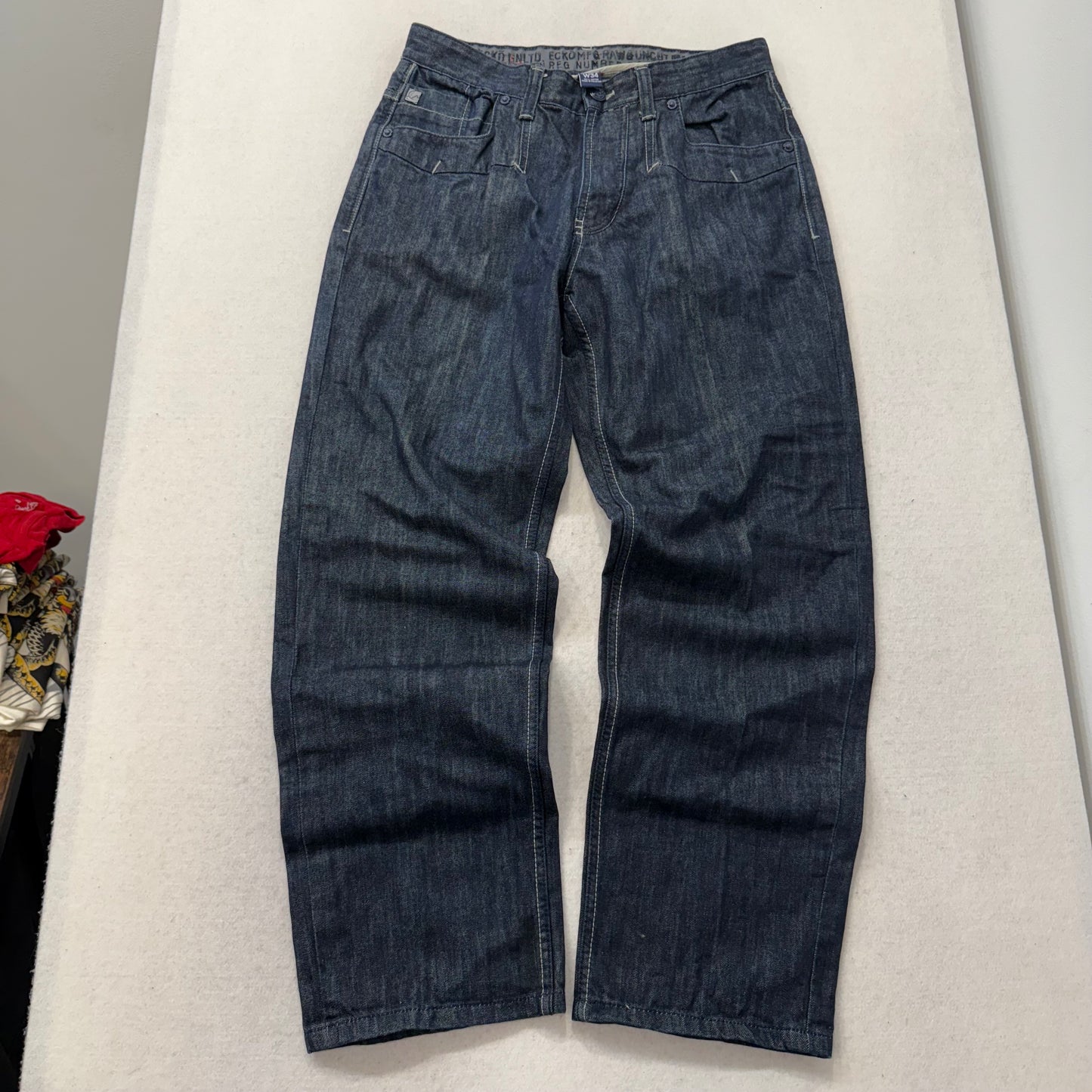 Ecko Unltd Men's Dark Indigo Raw Denim Wide Leg Baggy Jeans Streetwear Size 34