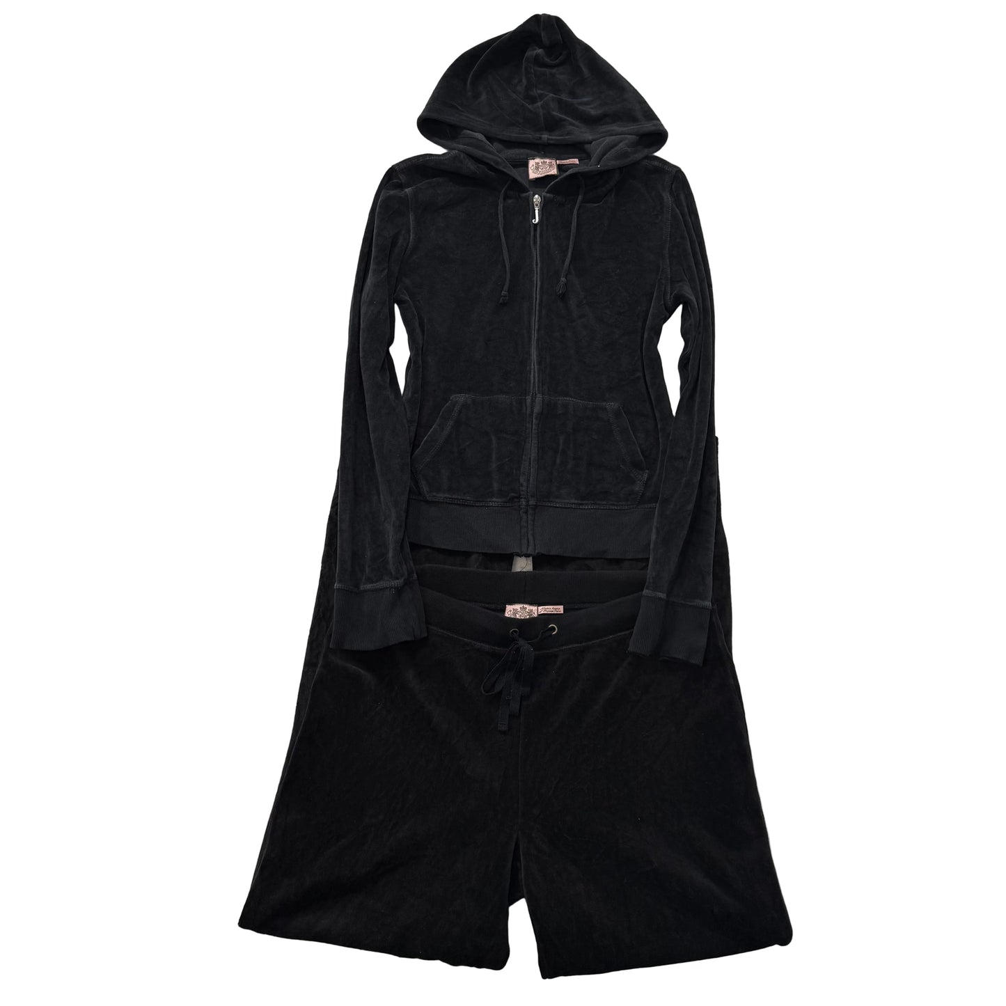 Vtg Juicy Couture Women's Black Velour Tracksuit Set Hoodie & Flared Pant Size L
