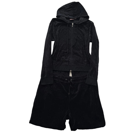 Juicy Couture Womens Black Velour Tracksuit Set Zip-Up Hoodie & Pant Y2k Size XL