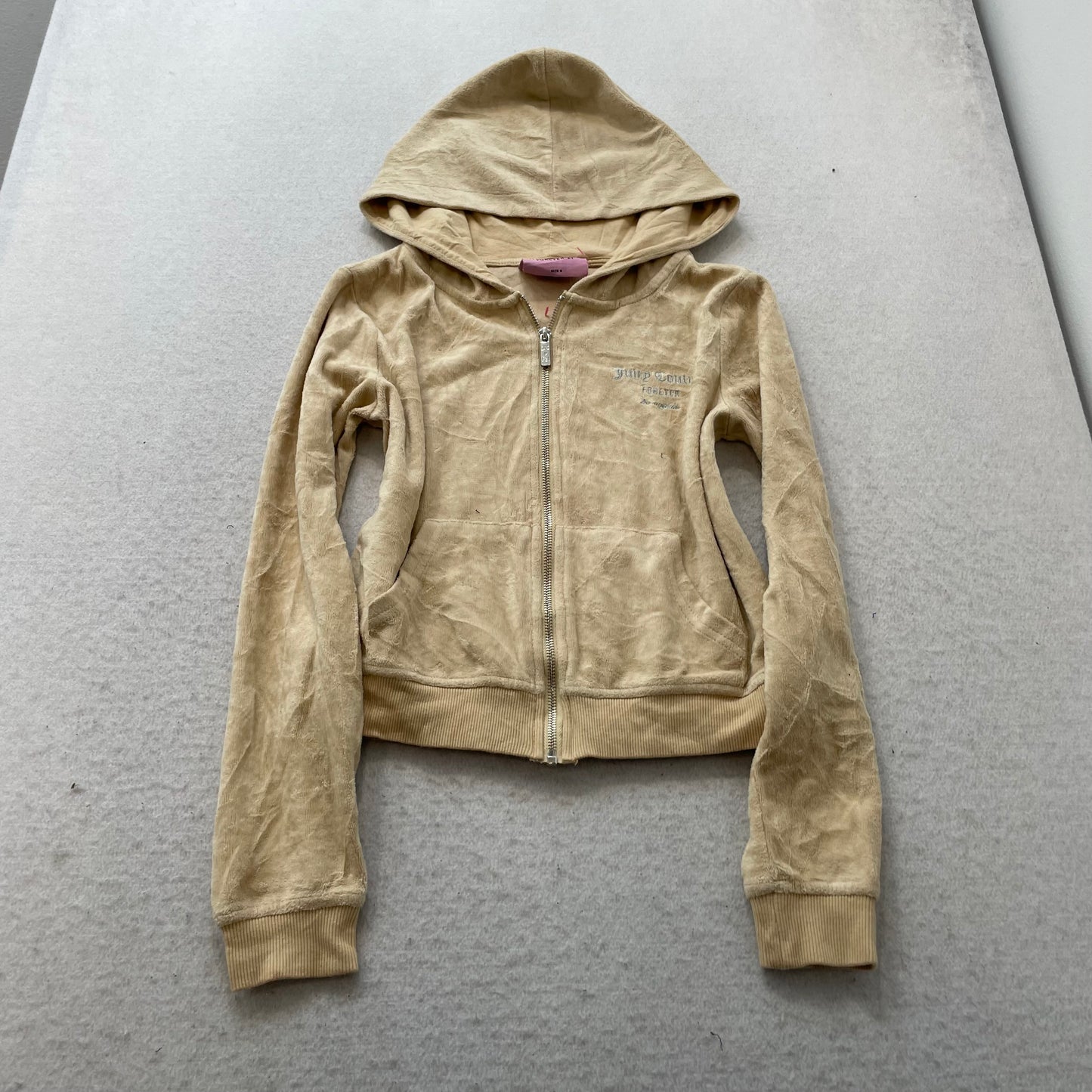 Juicy Couture Forever 21 Women Beige Velour Zip-Up Hoodie Rhinestone Logo Size S