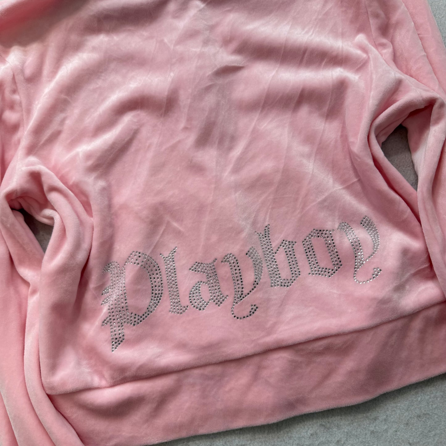 Playboy Womens Pink Velour Zip Up Cropped Fit Hoodie Rhinestones Logo Y2K Size M