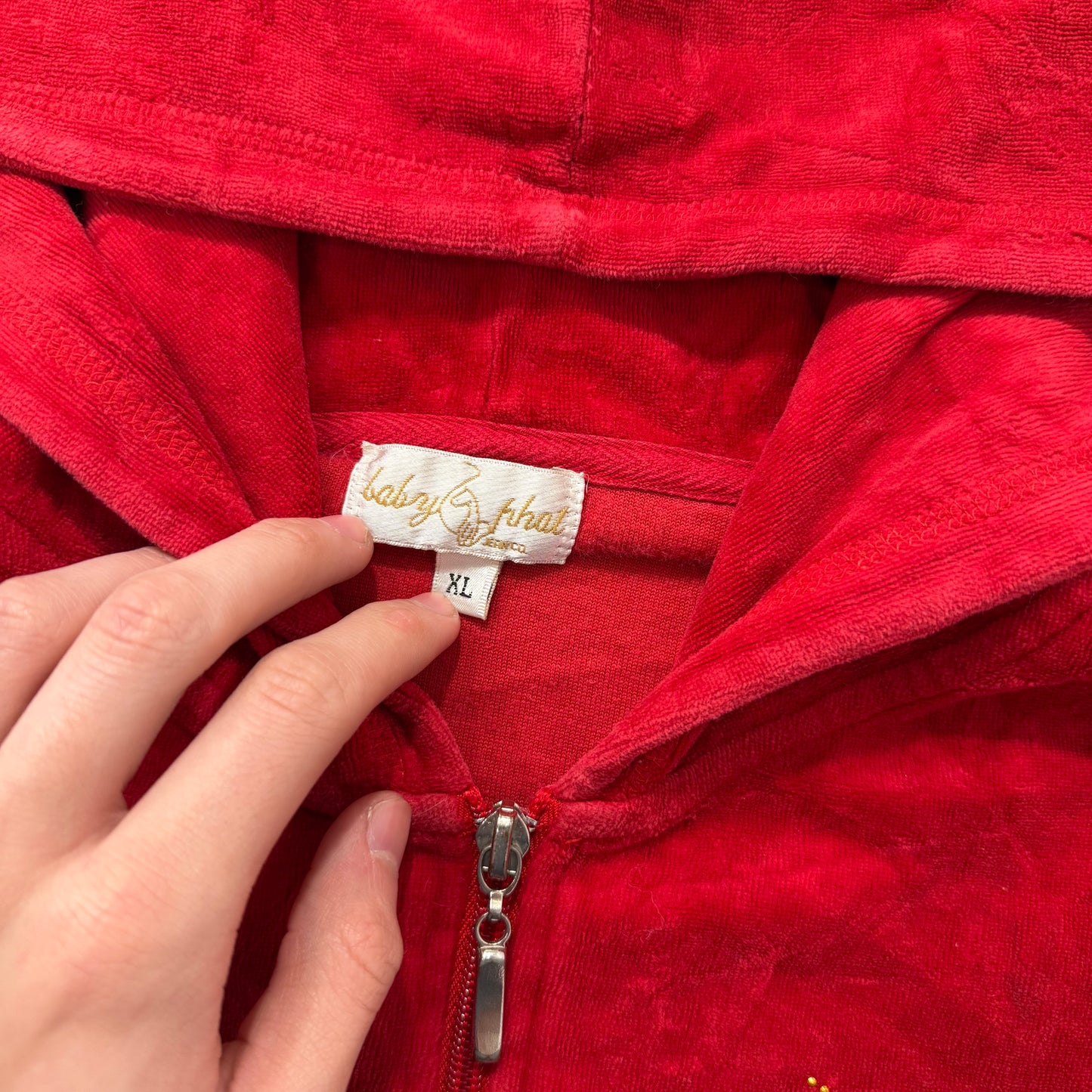 Baby Phat Women's Red Velour Zip Up Hoodie Rhinestones Logo Loungewear Size XL