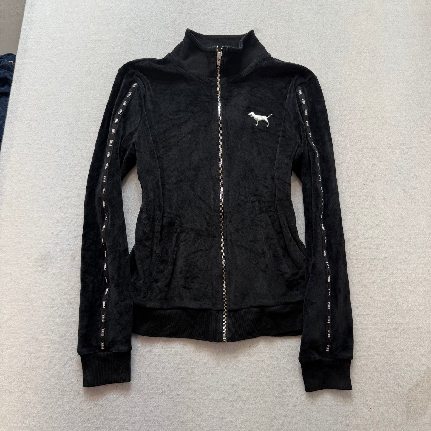 Victoria's Secret PINK Women Black Velour Track Jacket Silver Sequin Logo Size S