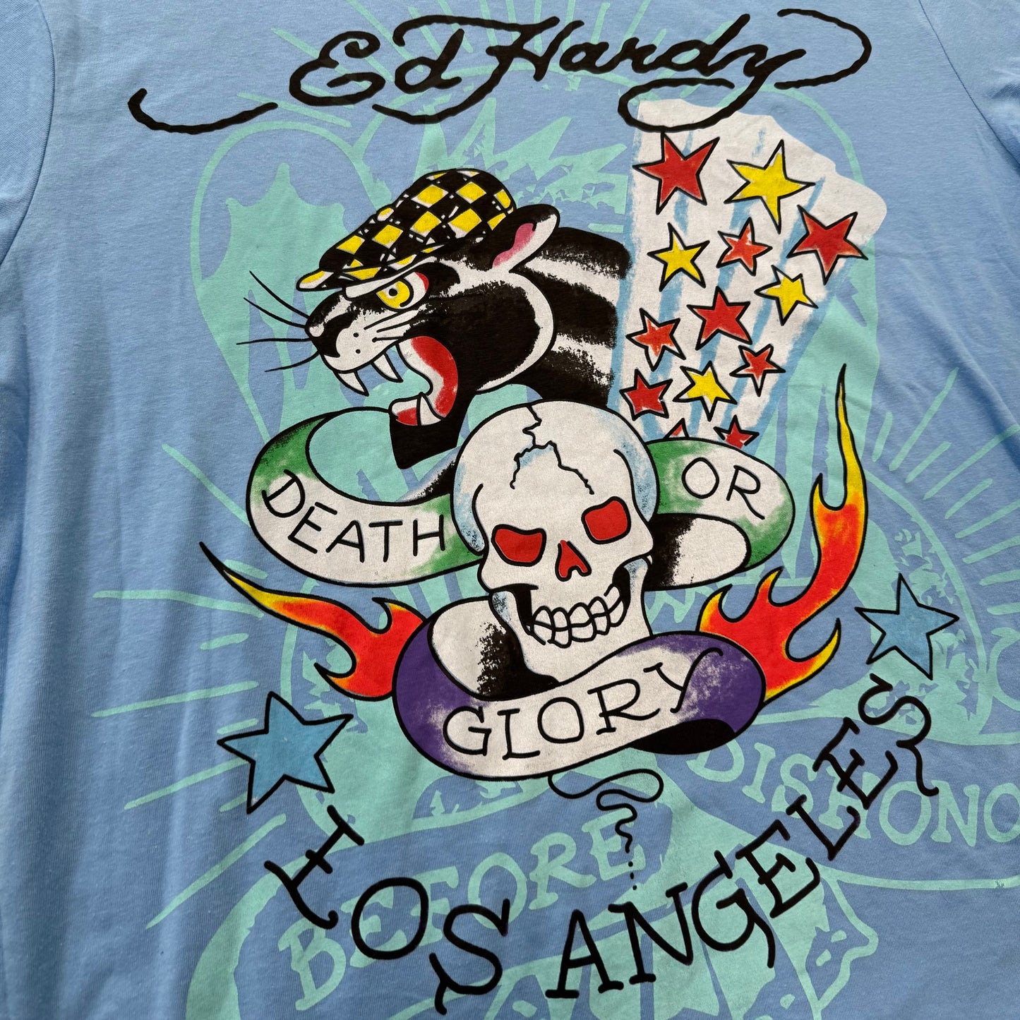 ED HARDY “Panther Skull” BABY BLUE GRAPHIC TEE SHIRT Size XXL
