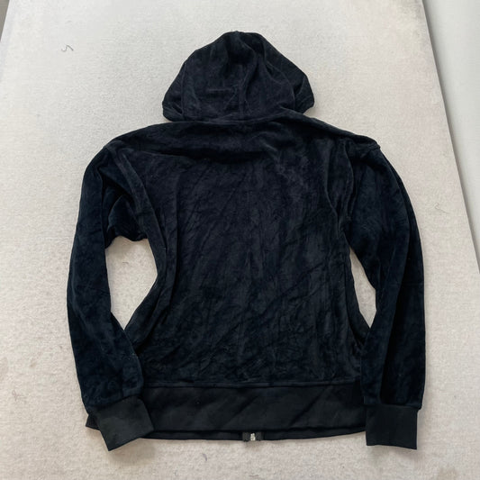 Vintage Juicy Couture Women's Black Velour Zip-Up Hoodie Drawstring Y2k Size L