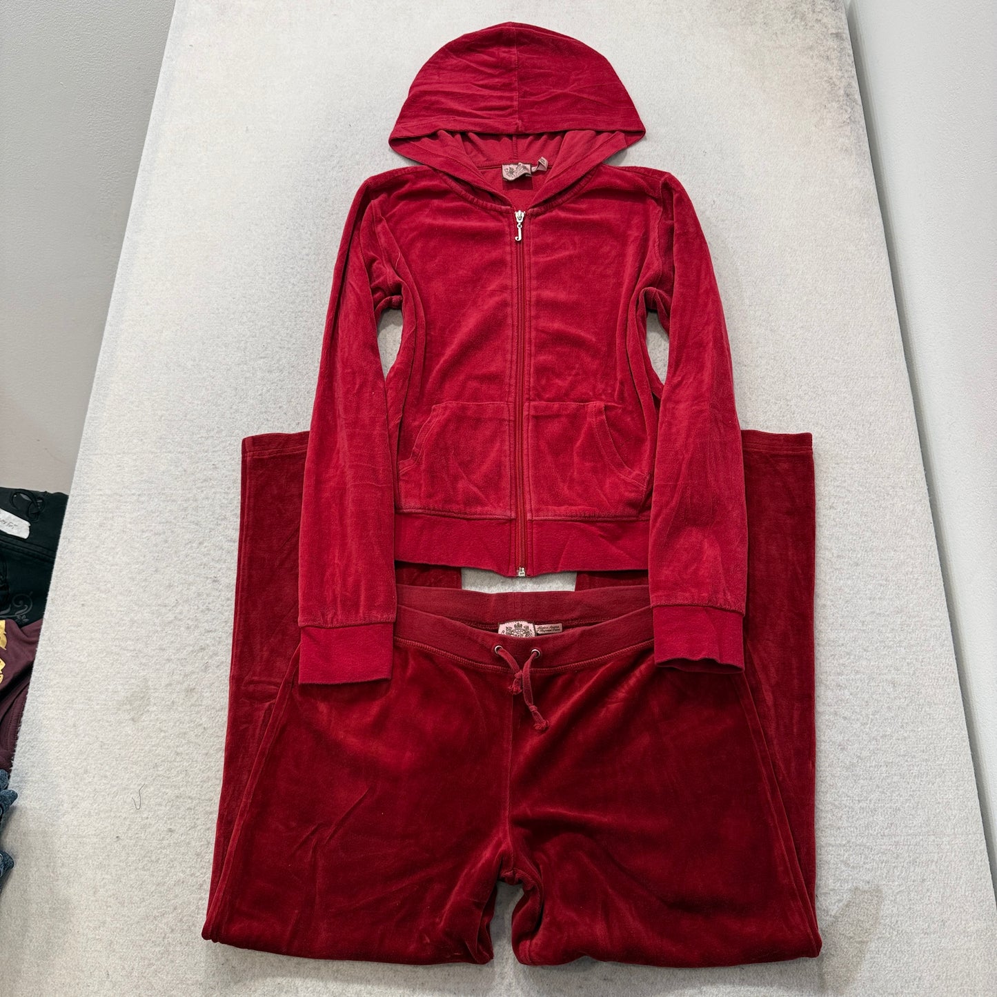 Juicy Couture Women's Red Velour Tracksuit Set Hoodie & Flared Pant Size M