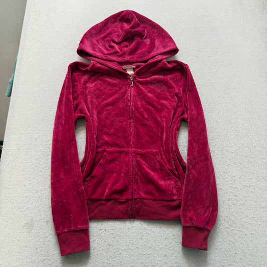 Juicy Couture Women's Hot Pink Velour Zip-Up Hoodie Back Glitter Logo Y2k Size S