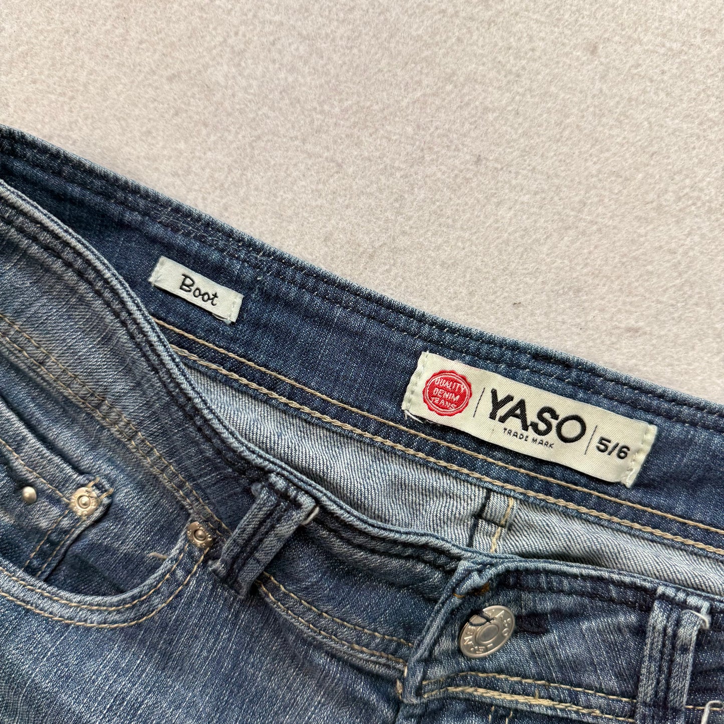 YASO Women's Blue Denim Distressed Bootcut Jeans Low Rise Pockets Y2K Size 5/6