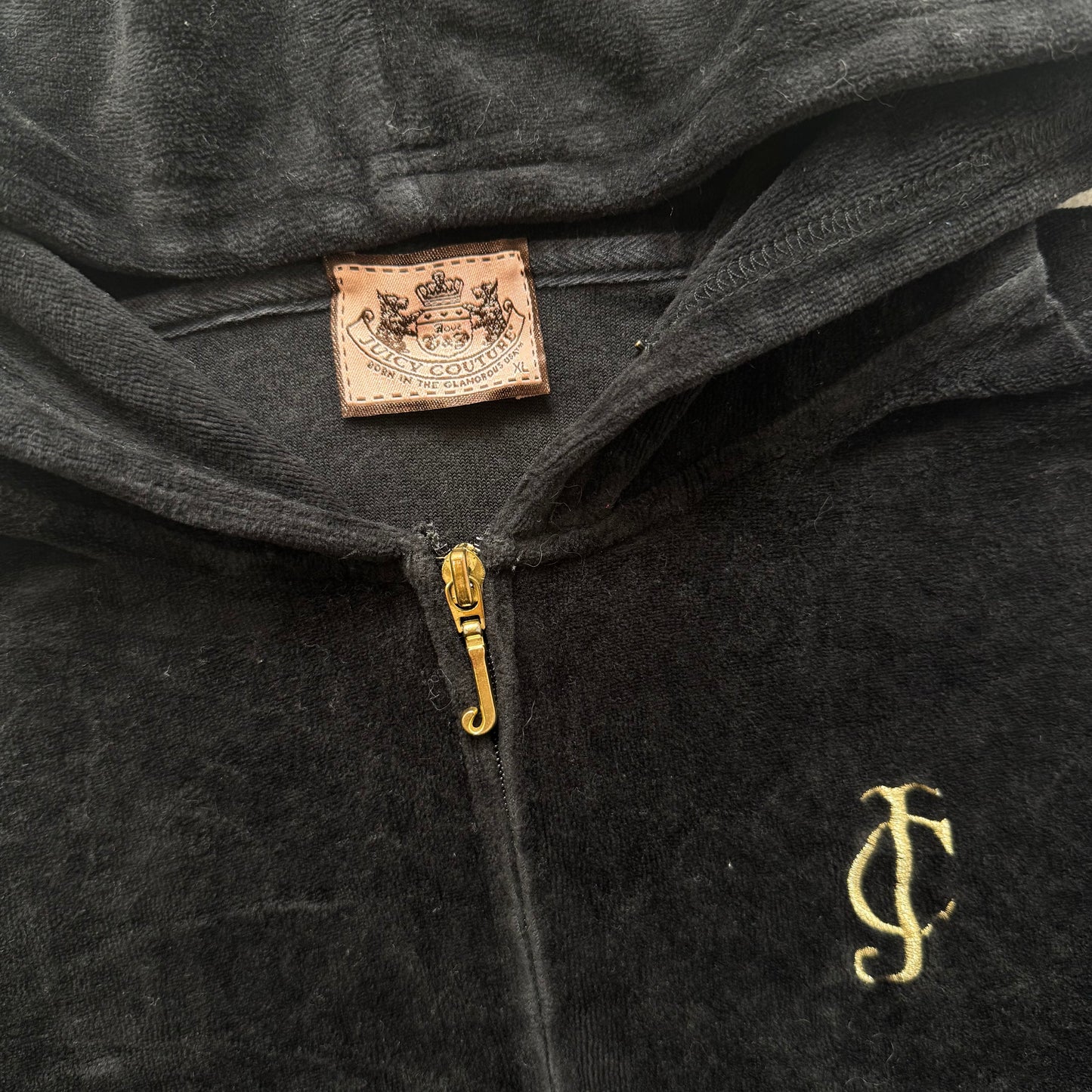 Juicy Couture Womens Black Velour Zip-Up Hoodie Pockets Embroidered Logo Size XL
