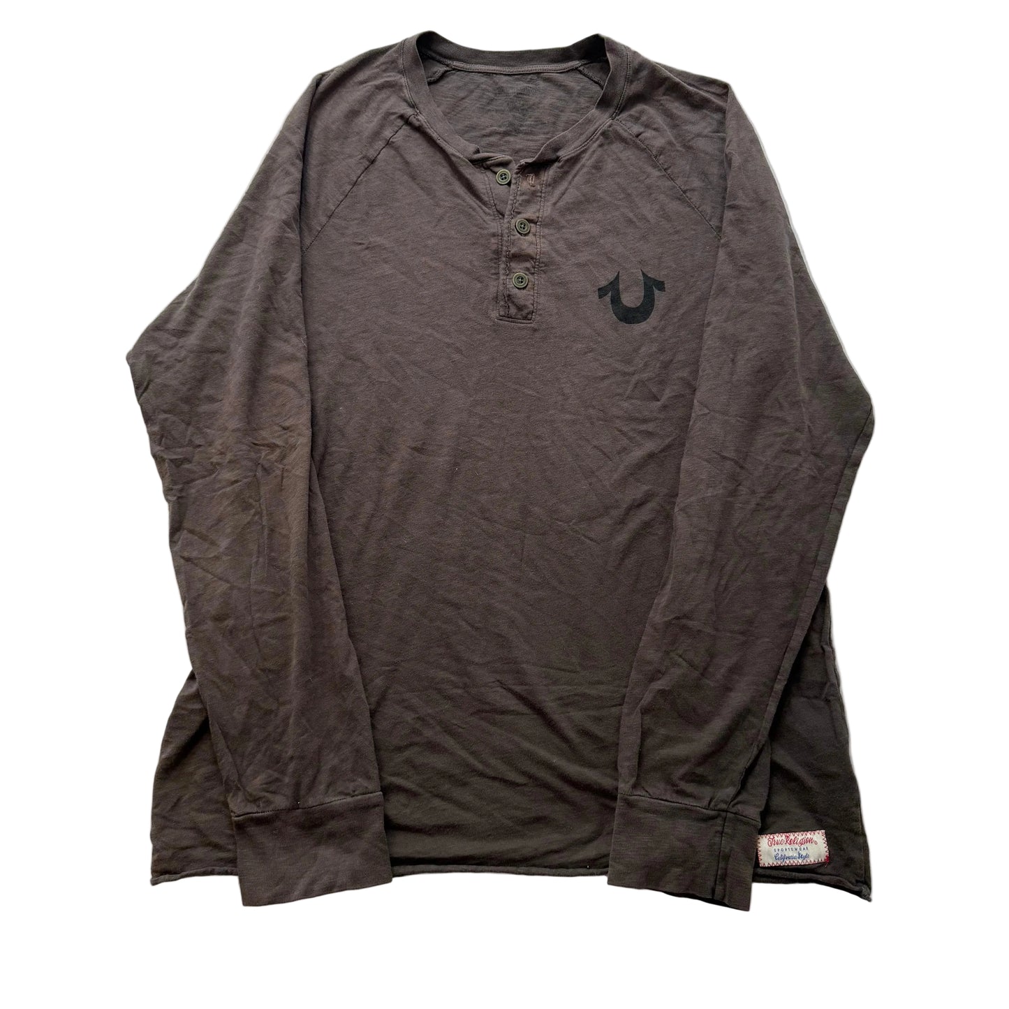 True Religion Men Brown Flocked Horseshoe Slub Henley Long Sleeve Shirt Size XXL
