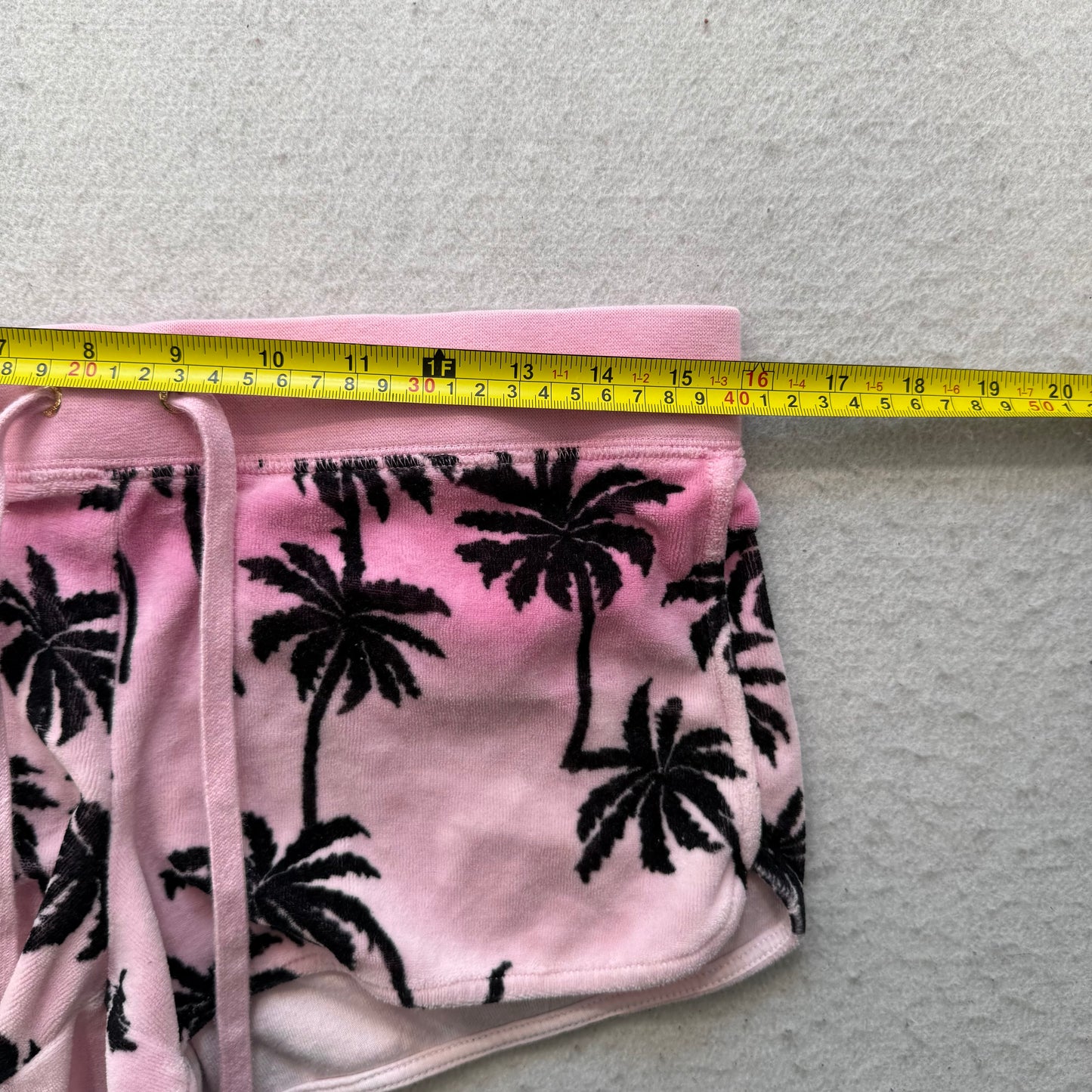 Juicy Couture Womens Pink Black Velour Mini Shorts Palm Tree Print Pocket Size S