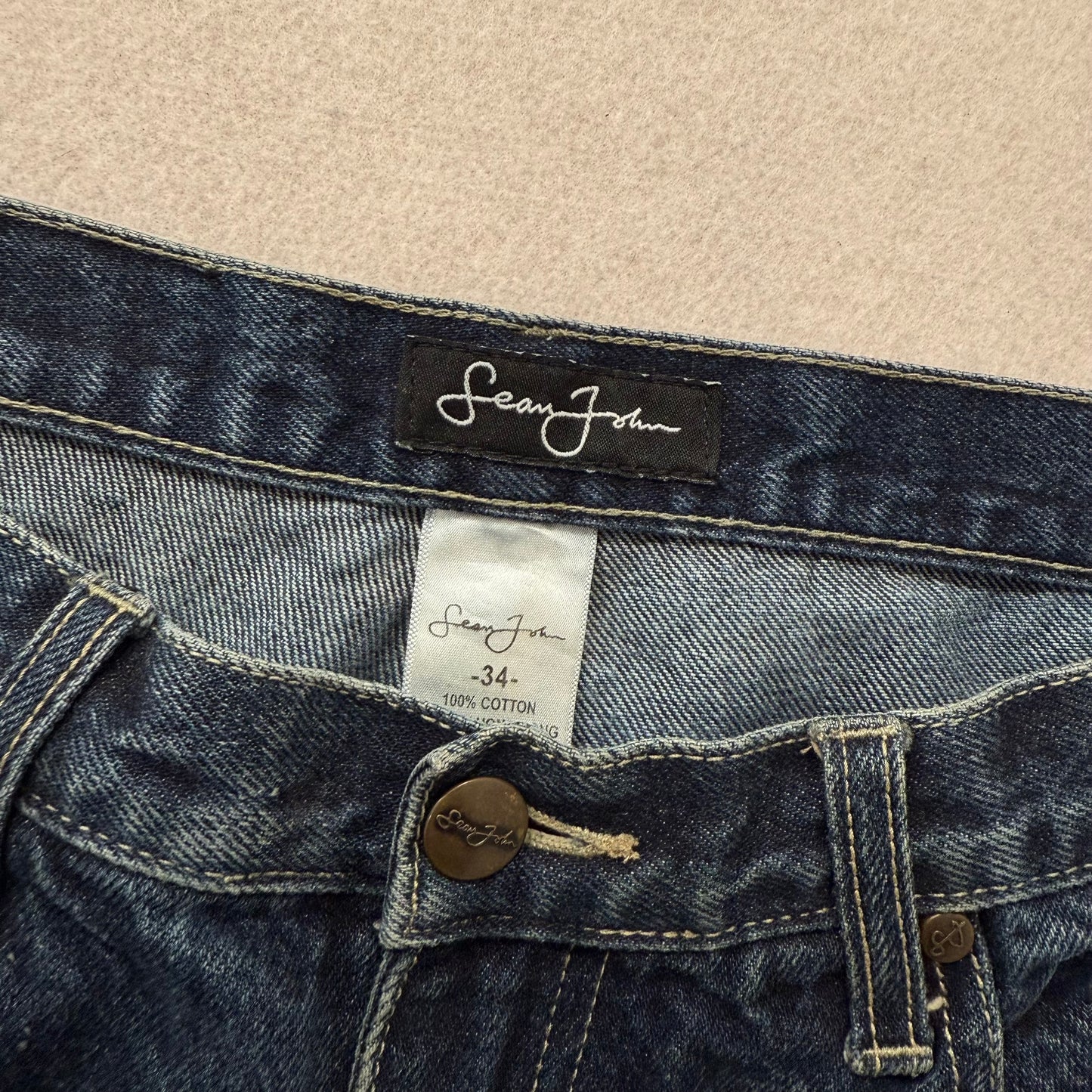Sean John Dark Blue Denim Jeans Straight Leg Embroidered Logo 100% Cotton Size 34