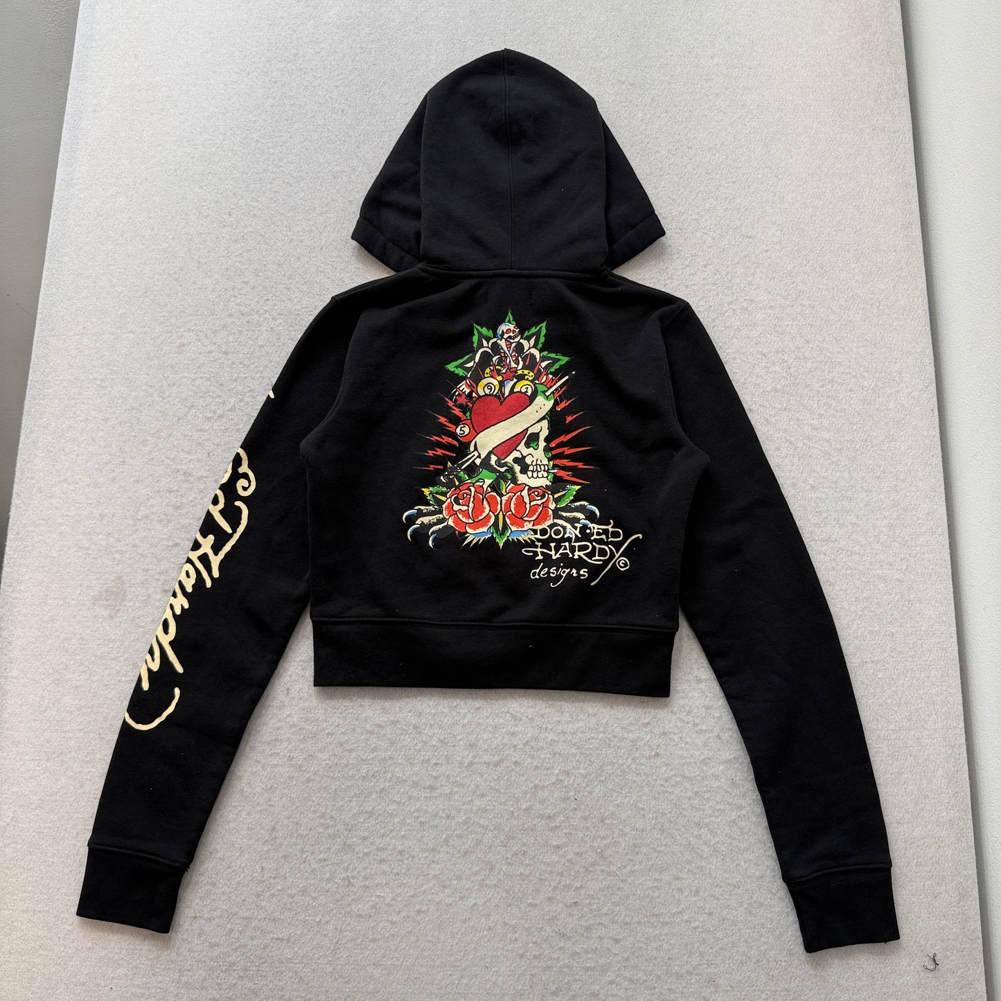 Ed Hardy Rose Skull Heart Women's Black Fleece Cropped Pullover Hoodie Size M