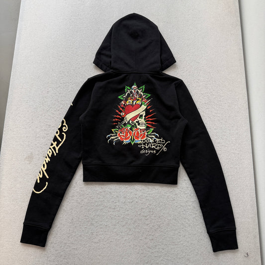 Ed Hardy Rose Skull Heart Women's Black Fleece Cropped Pullover Hoodie Size M
