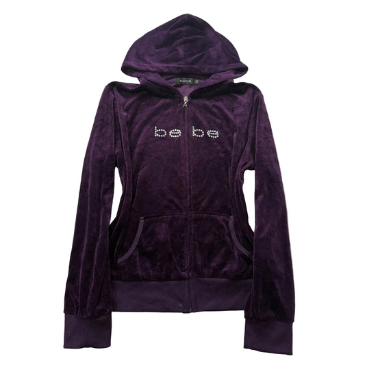 Bebe Women's Deep Purple Velour Zip-Up Hoodie Rhinestones Logo Pockets Size XL