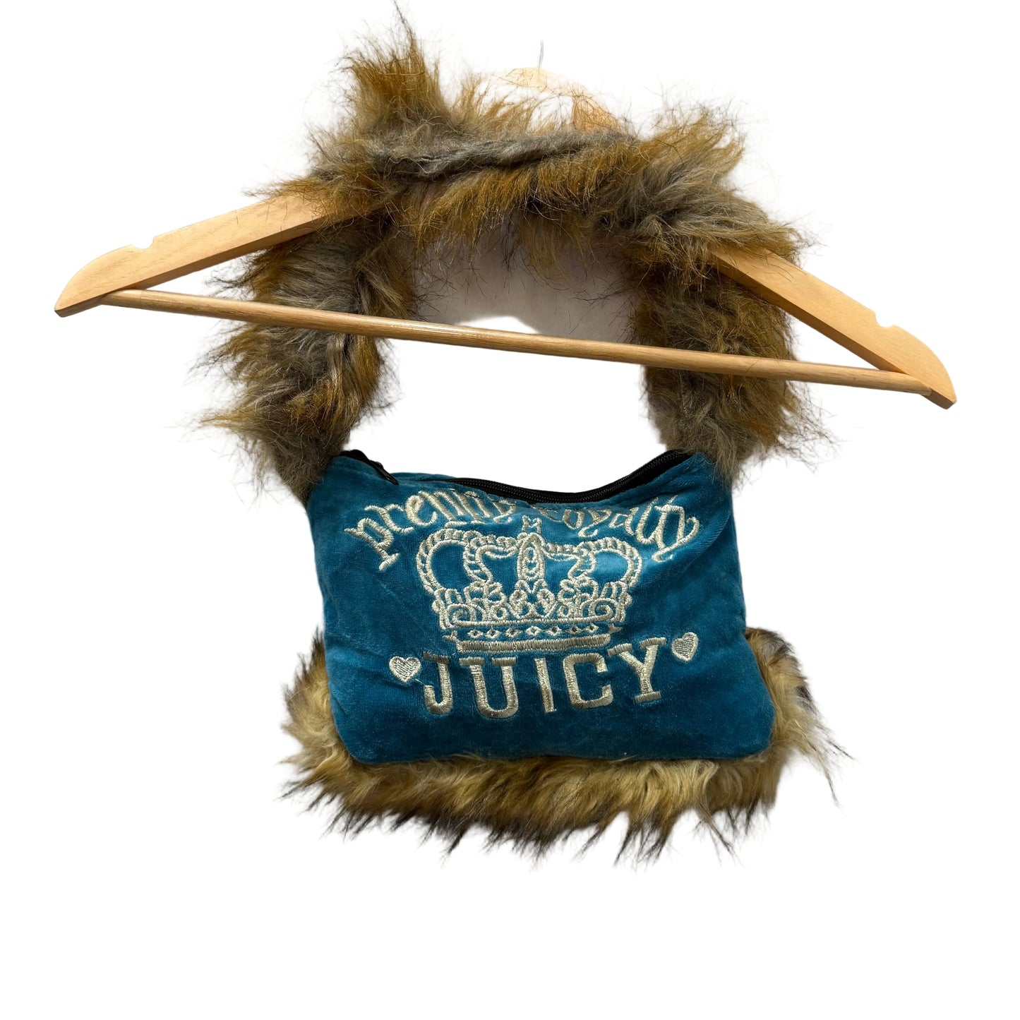 Juicy Couture Teal Blue Velour Casual Wear Embroider Faux Fur Shoulder Tote Bag