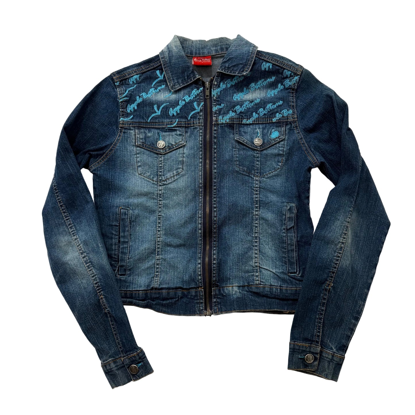 Apple Bottoms by Nelly Womens Denim Zip Up Cropped Jacket Spellout Design Size L