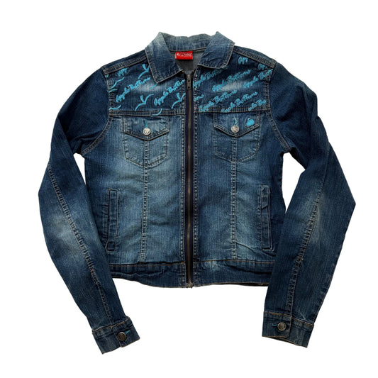 Apple Bottoms by Nelly Womens Denim Zip Up Cropped Jacket Spellout Design Size L
