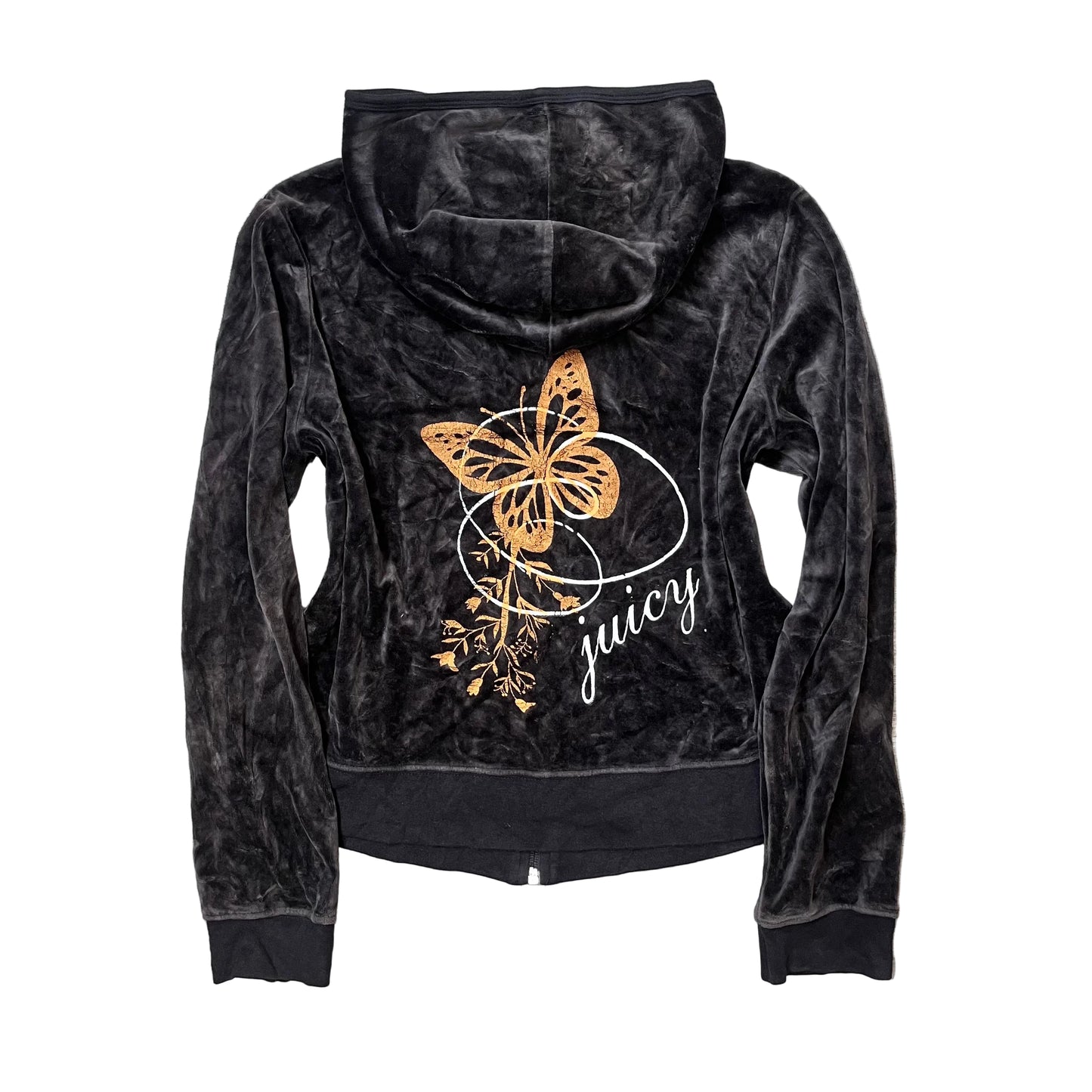 Juicy Couture Womens Charcoal Velour Zip-Up Hoodie Butterfly Graphic Logo Size M