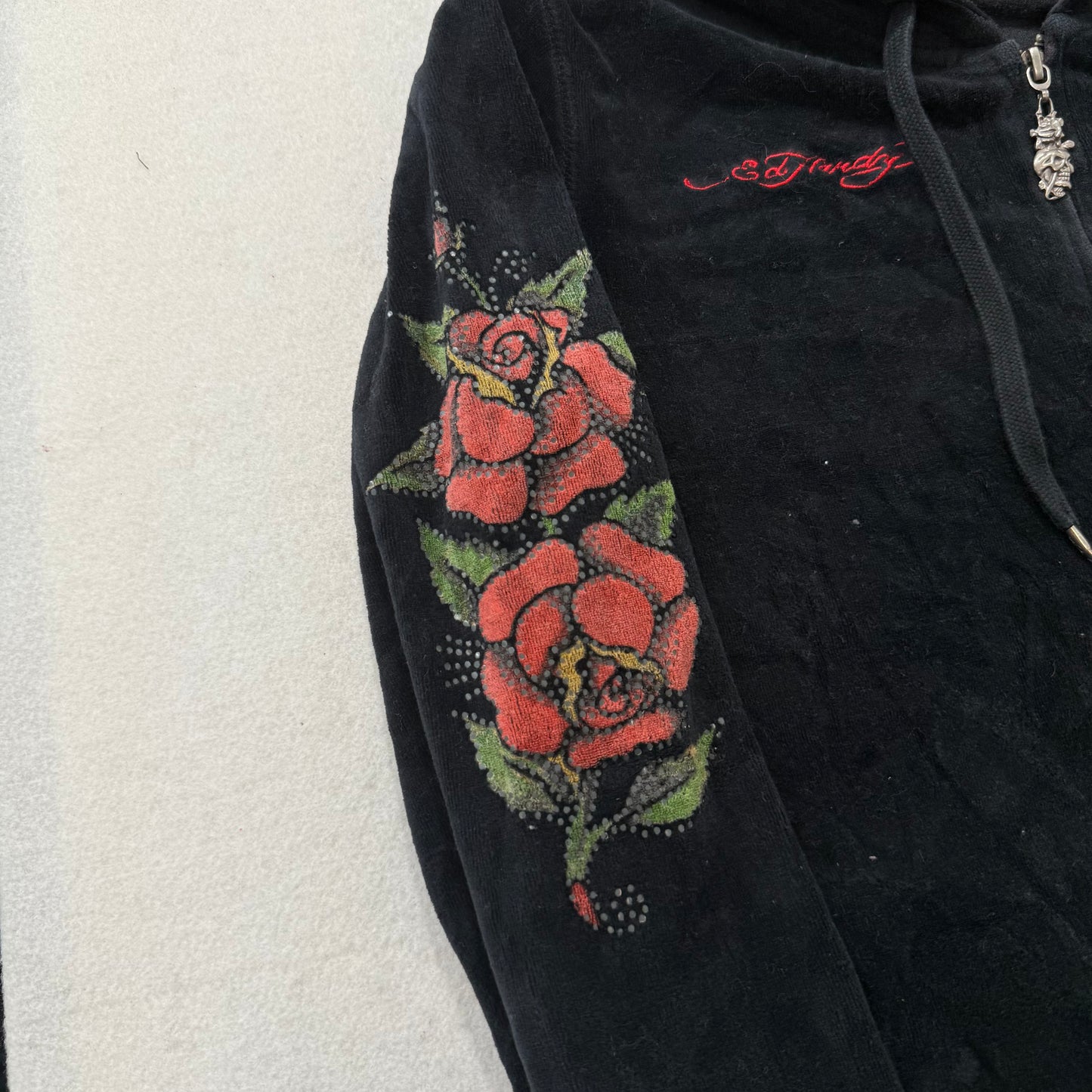 Ed Hardy Roses Gypsy Women's Black Velour Zip-Up Hoodie Tattoo Print Logo Size L