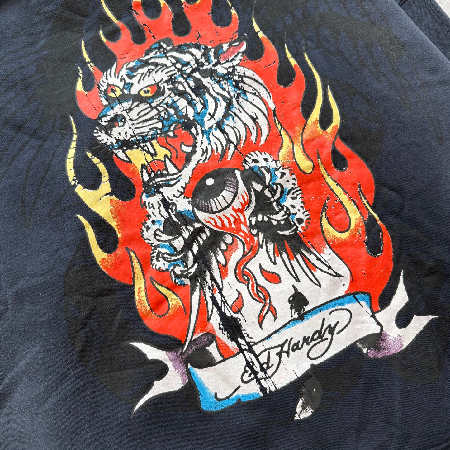 ED HARDY “Tiger Flame” SUNFADED NAVY BOXY ZIP UP HOODIE