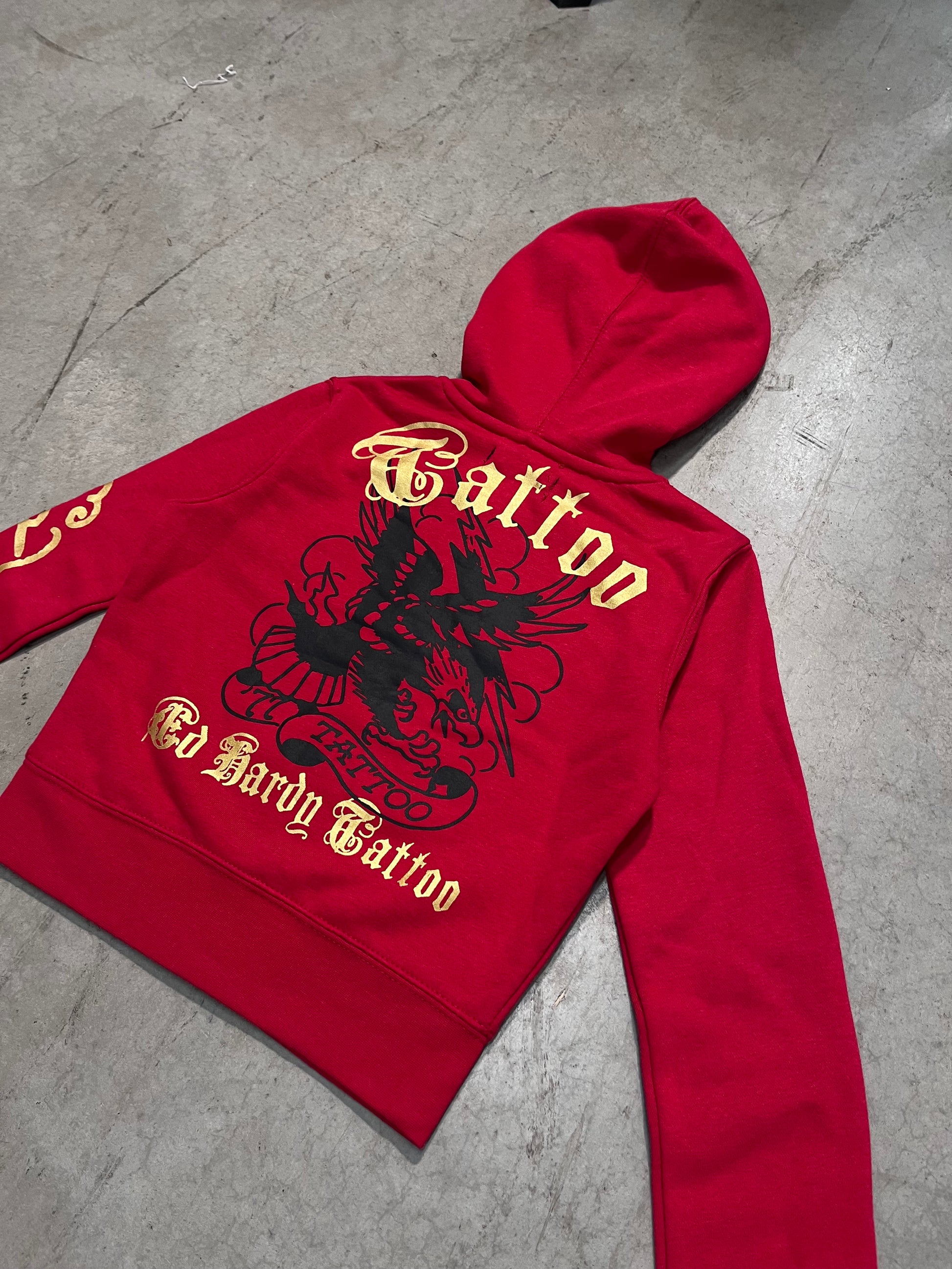 ED HARDY “Broken Hearts” RED CROPPED ZIP UP HOODIE - Clean Curriculums 