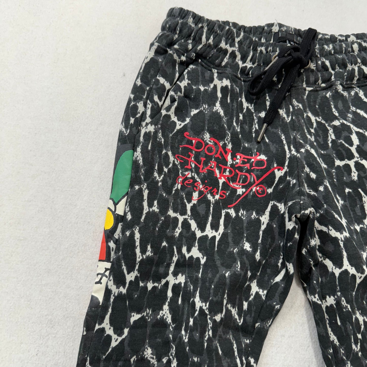 Ed Hardy Women Black Leopard Print Velour Flare Track Pant Eagle Graphic Size XS