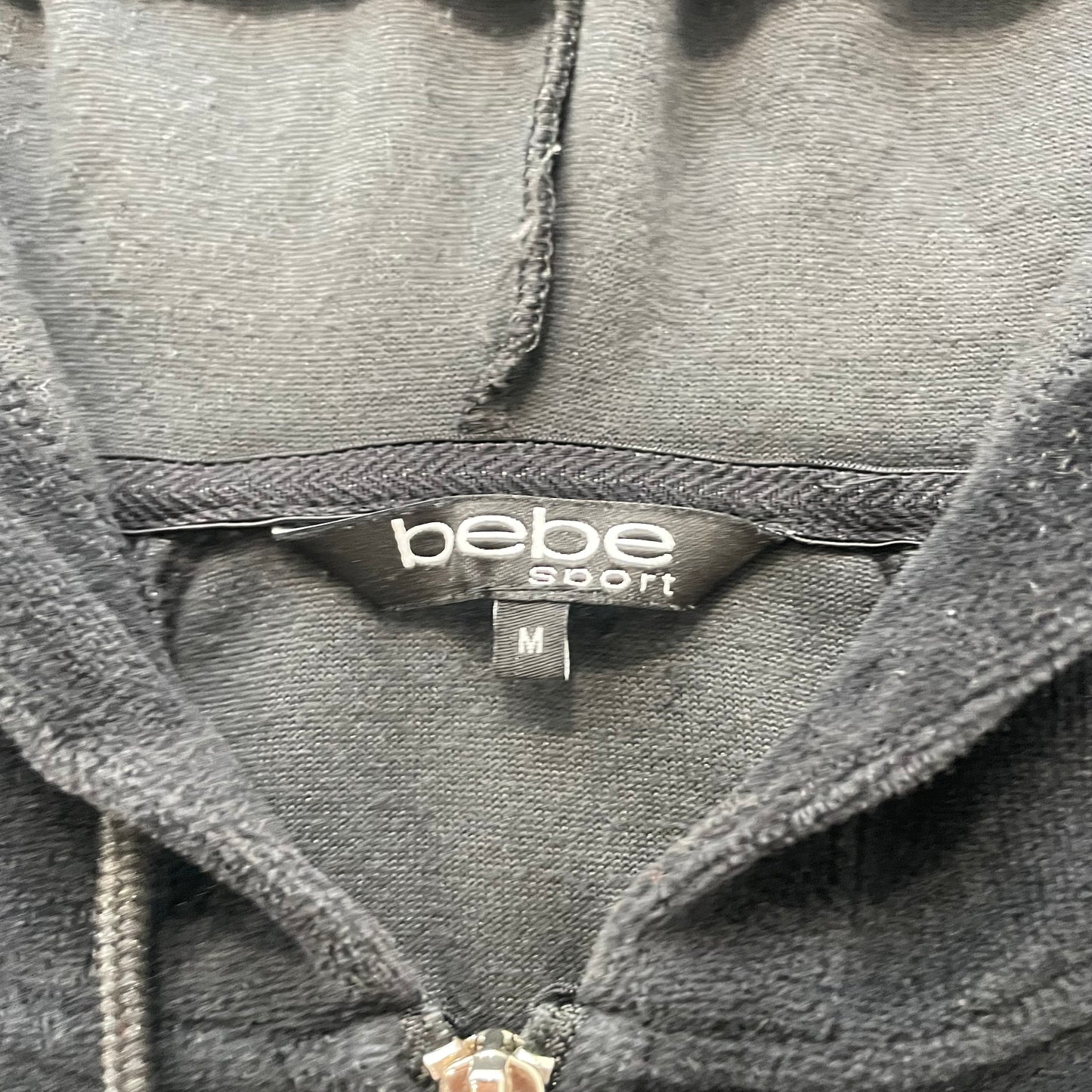 Bebe Sport Women's Black Velour Zip-Up Hoodie Drawstring Rhinestones Logo Size M