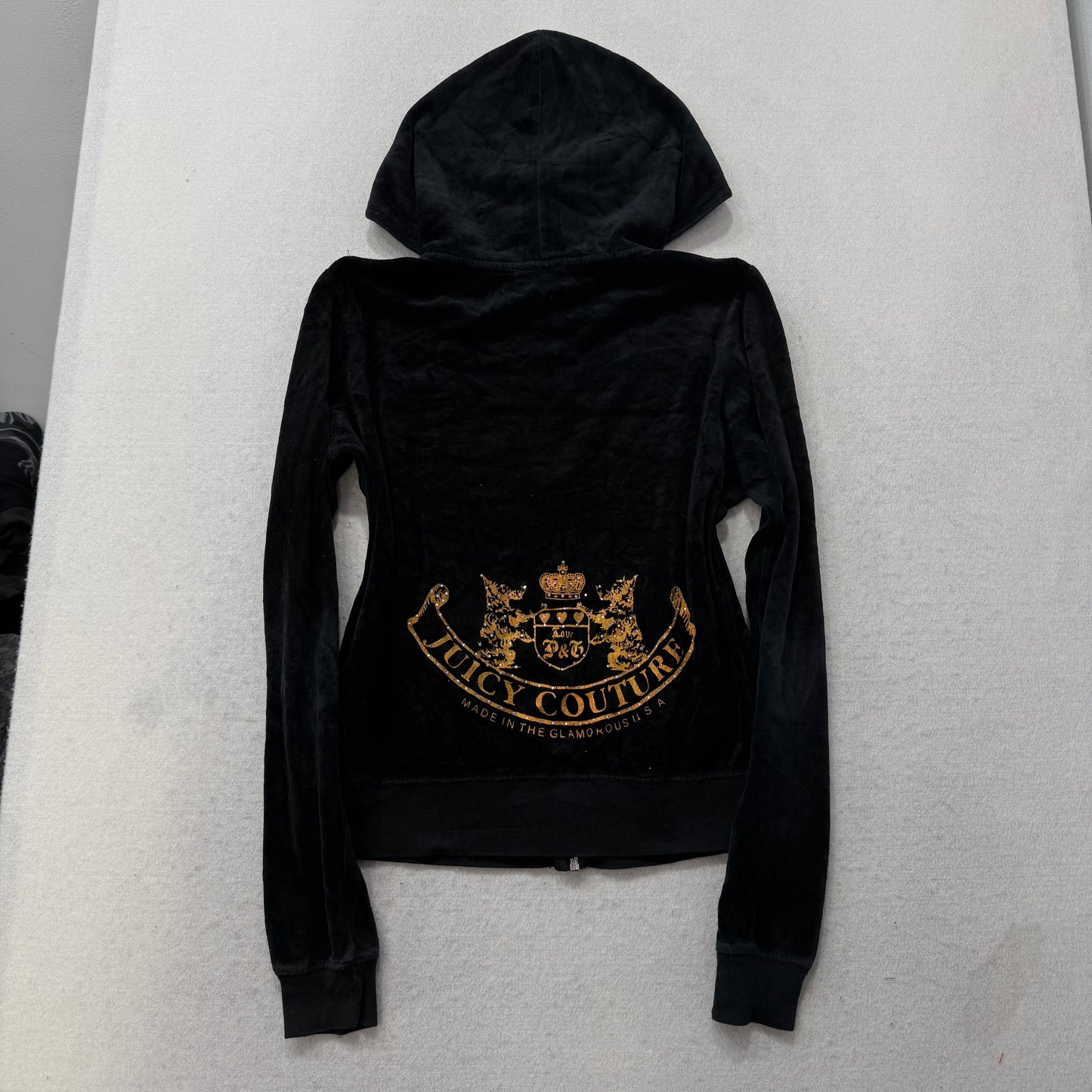 Vintage Juicy Couture Black Velour Tracksuit Set Zip Up Hoodie & Pant Y2K Size S