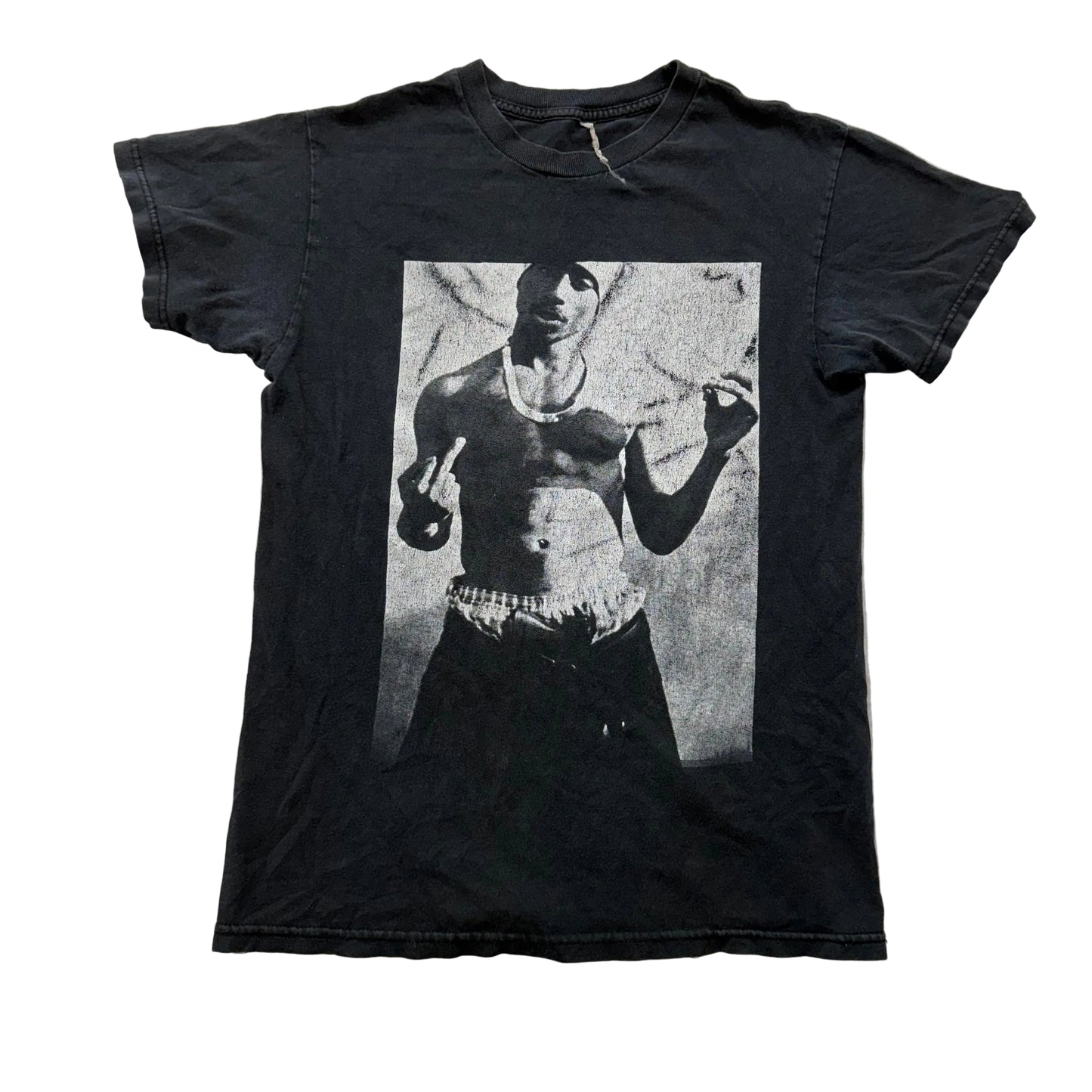 Tupac Shakur 2Pac Middle Finger Rap Tee Men's Black Graphic T-Shirt Size L