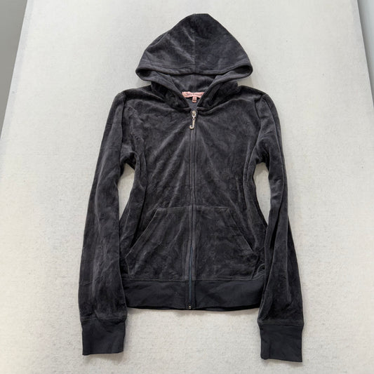 Juicy Couture Womens Charcoal Gray Velour Full Zip Hoodie Rhinestone Logo Size L