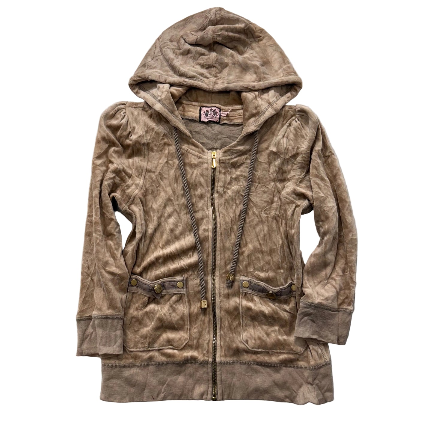 Juicy Couture Women's Camel Full Zip Hoodie Patch Pockets Rope Drawstring Size M