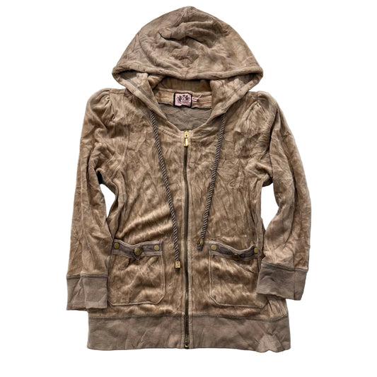 Juicy Couture Women's Camel Full Zip Hoodie Patch Pockets Rope Drawstring Size M