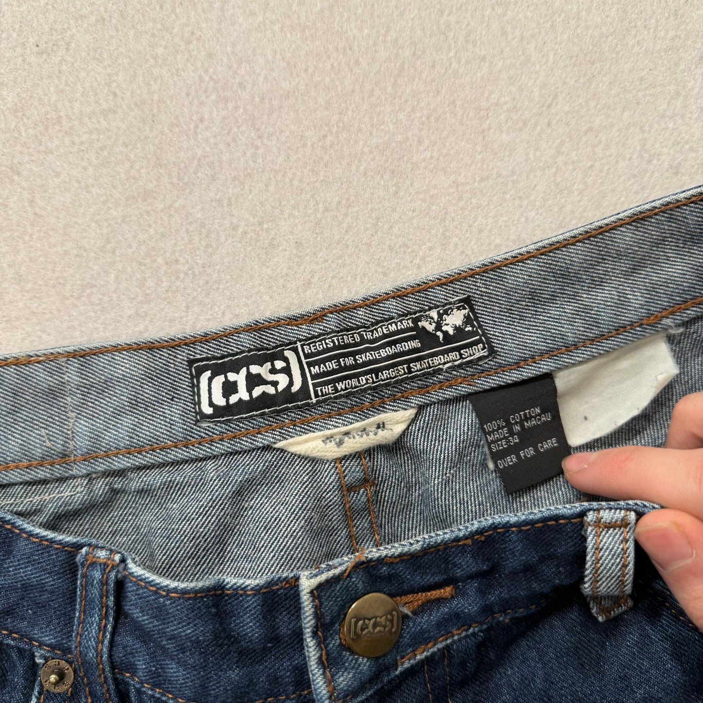 CCS Men's Blue Denim Distressed Straight Leg Skateboarding Jeans Raw Hem Size 34