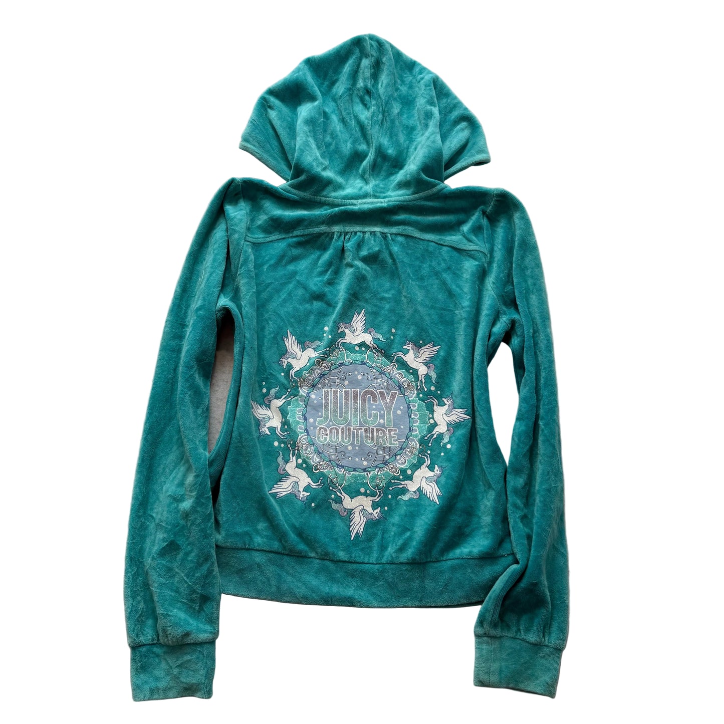 Juicy Couture Womens Teal Velour Zip-Up Hoodie Unicorn Graphic Logo Y2K Size L