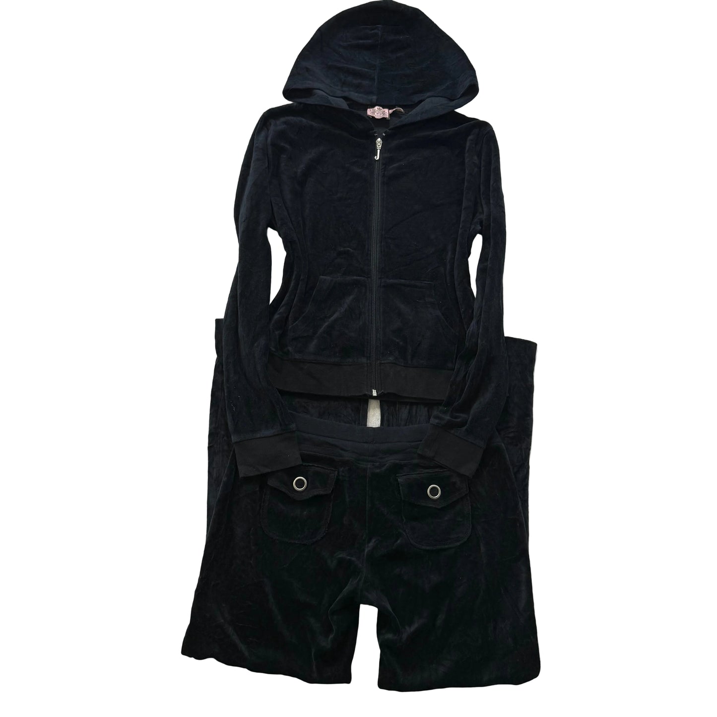 Juicy Couture Women Black Velour Tracksuit Set Zip-Up Hoodie & Flare Pant Size M