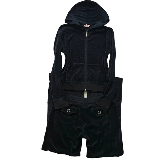 Juicy Couture Women Black Velour Tracksuit Set Zip-Up Hoodie & Flare Pant Size M