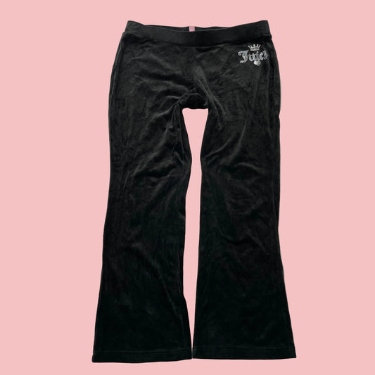 Juicy Couture Women's Black Velour Flared Track Pants Rhinestones Logo Size XL