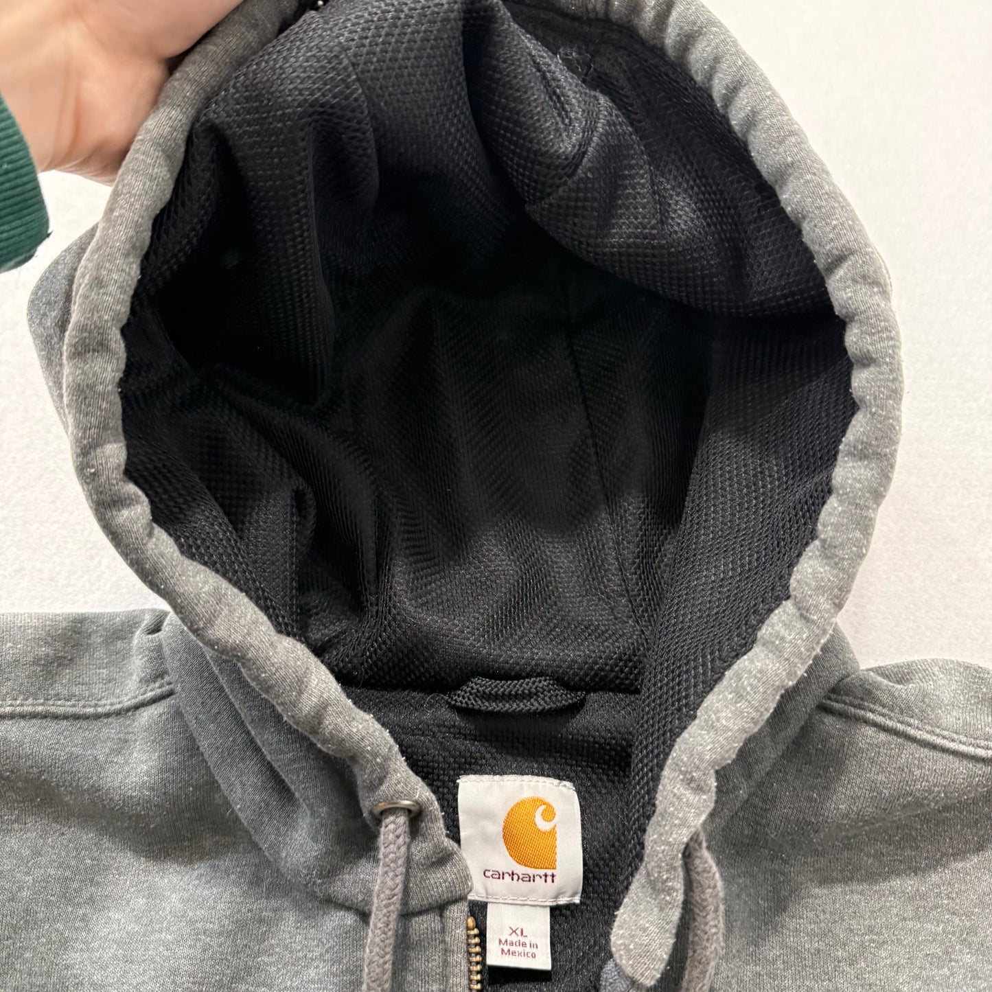 Carhartt Men Dark Gray Cotton Full Zip Hoodie Split Kangaroo Pocket Logo Size XL