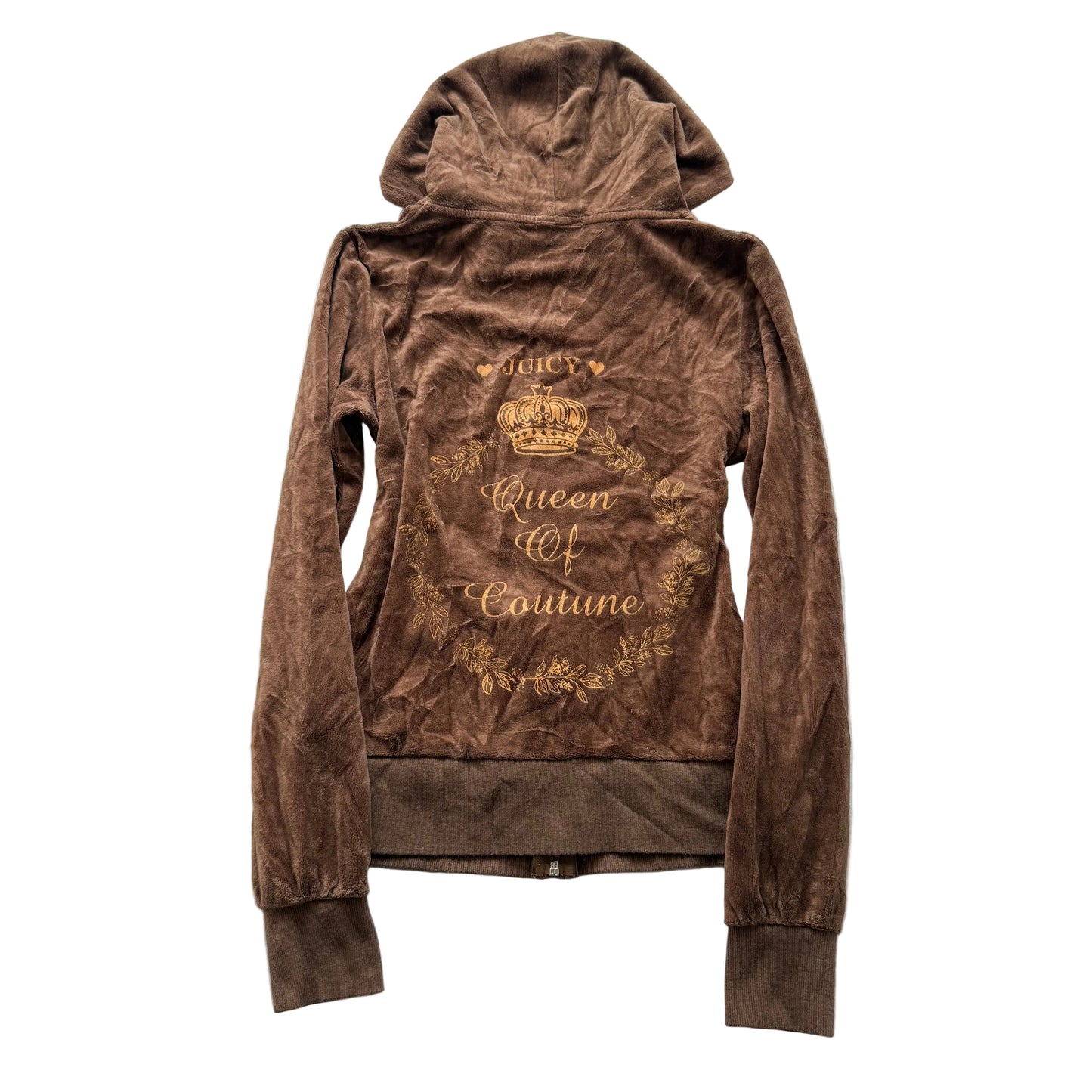 Vintage Juicy Couture Queen of Couture Women's Brown Velour Zip-Up Hoodie Size S