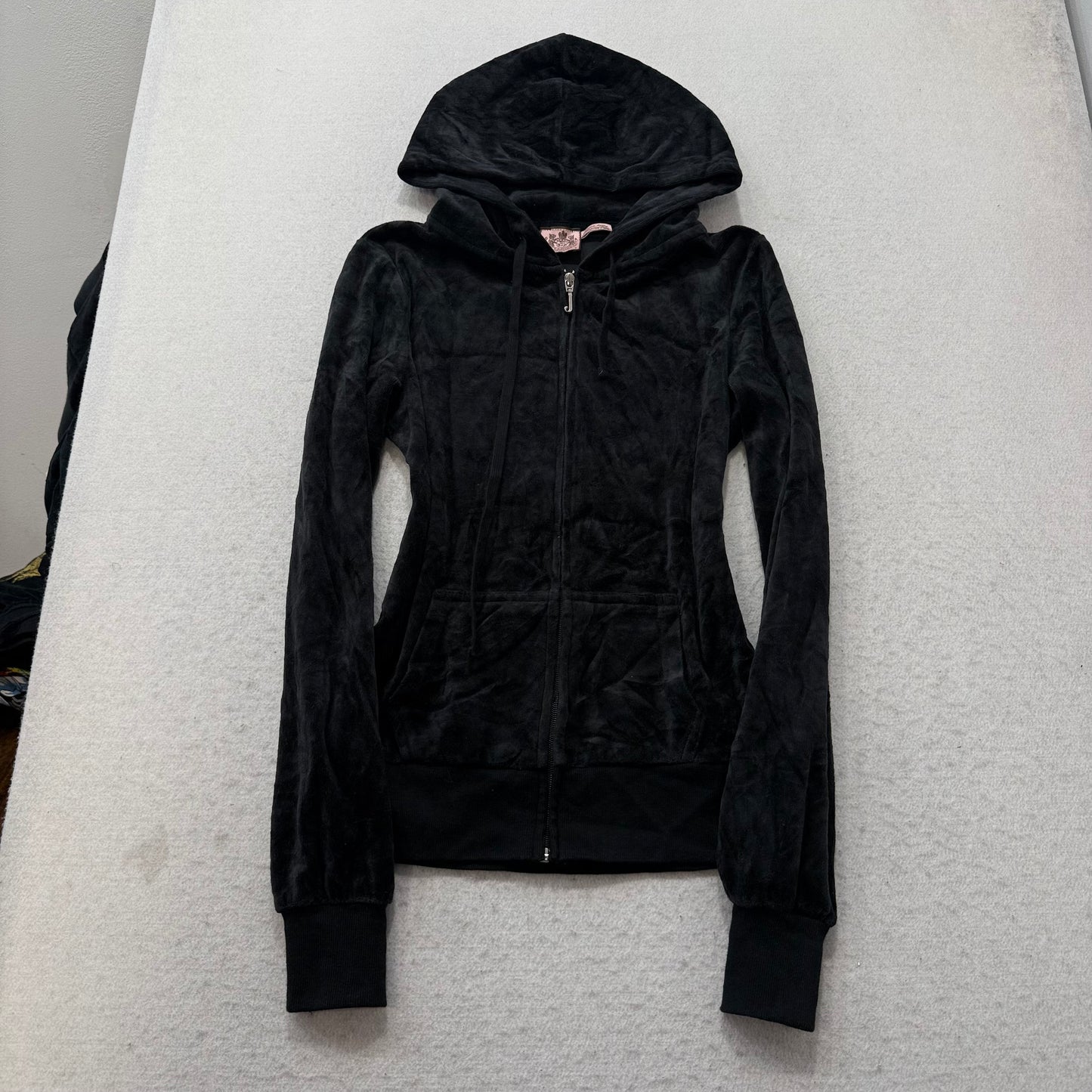 Vintage Juicy Couture Scottie Dogs Womens Black Velour Zip-Up Hoodie Logo Size S