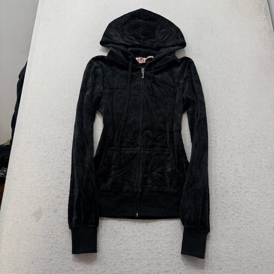Vintage Juicy Couture Scottie Dogs Womens Black Velour Zip-Up Hoodie Logo Size S