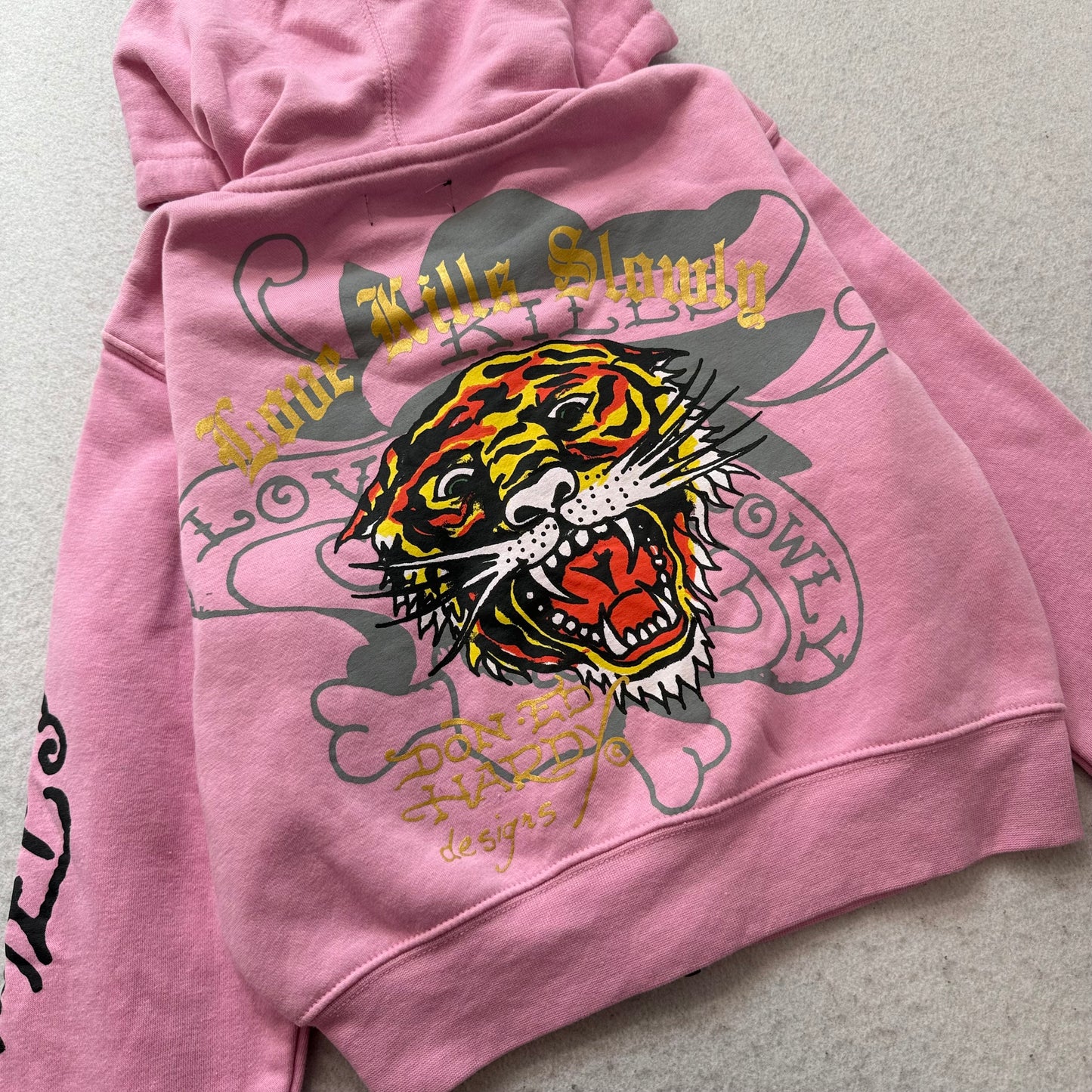 Ed Hardy Love Skull & Tiger Women's Pink Zip-Up Cropped Hoodie Graphic Size XL