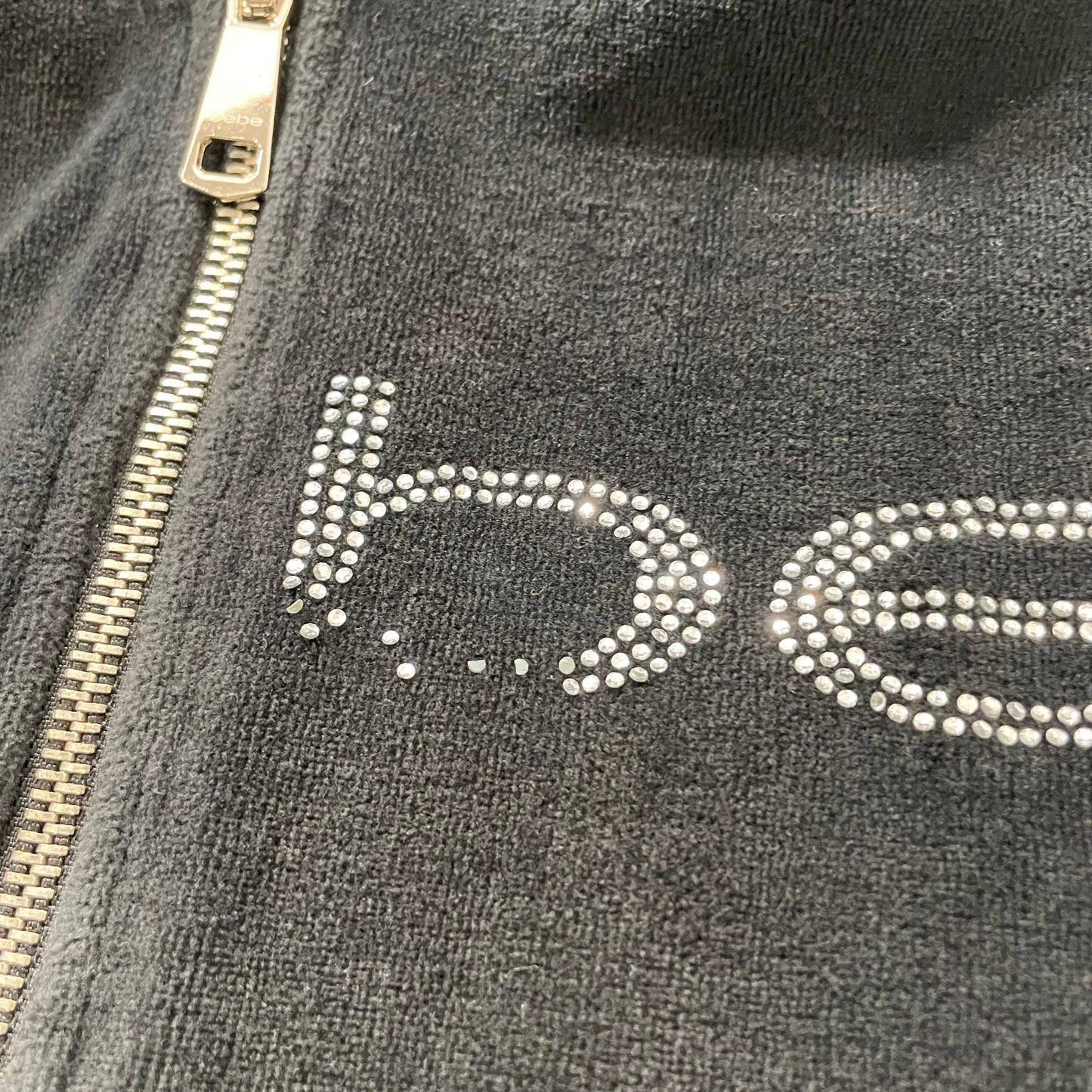 Bebe Women's Black Velour Zip Up Hoodie Rhinestones Logo Pockets Preppy Size L