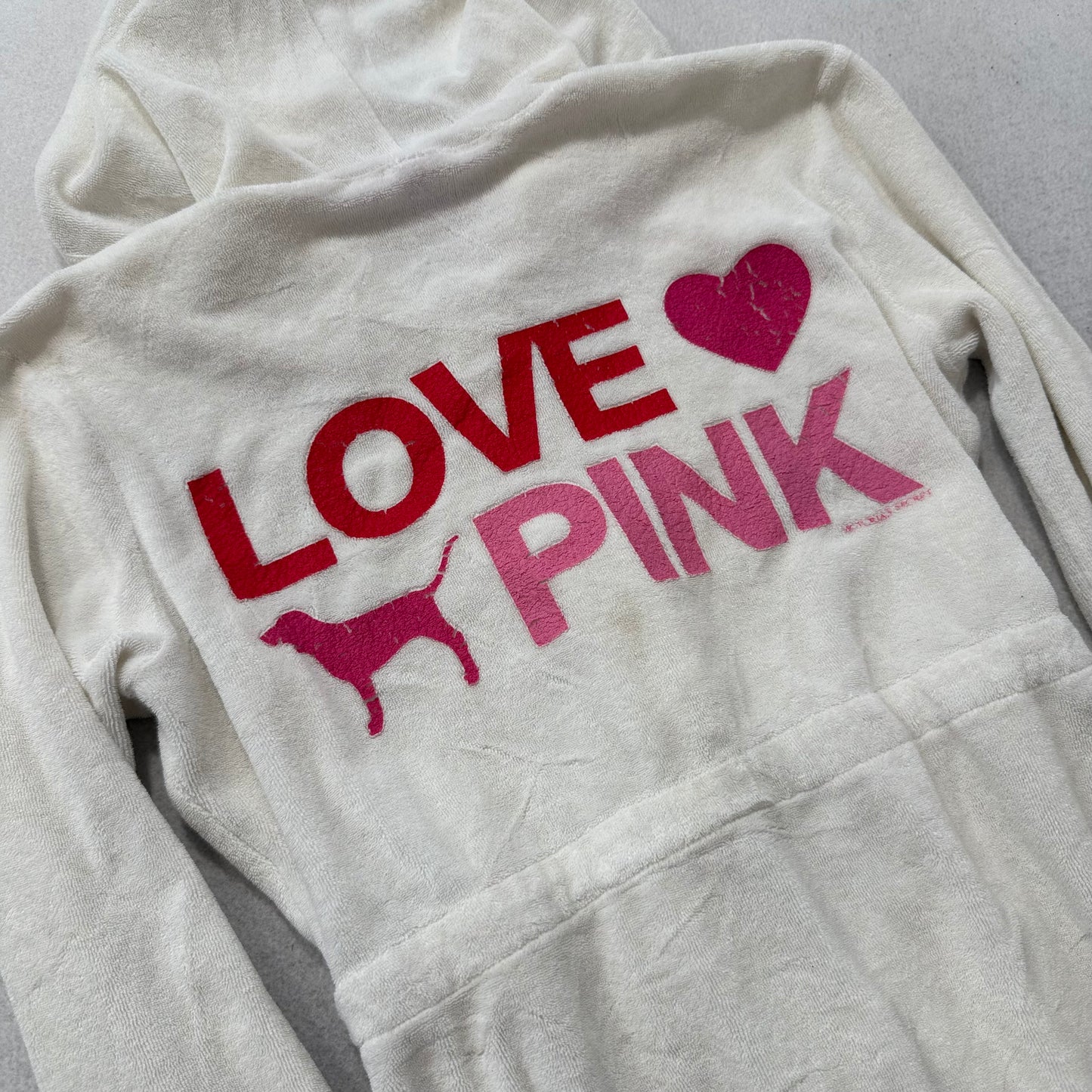 Vintage Victoria's Secret PINK Women Cream Terry Cloth Zip-Up Long Hoodie Size S
